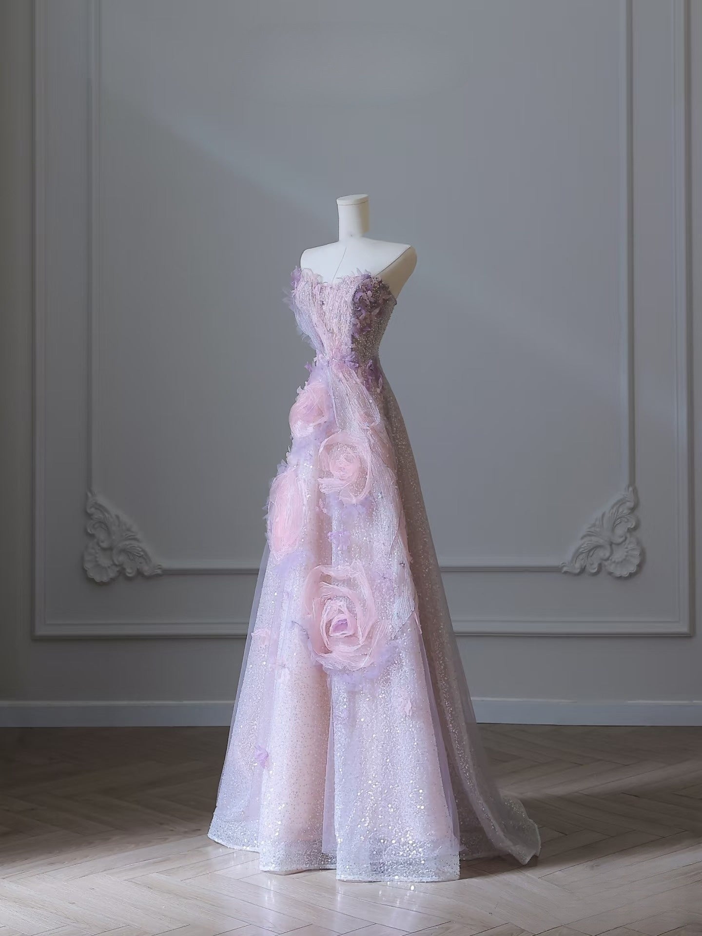 Pretty Ball Gown Sweetheart Pink Floral Tulle Long Prom Dresses Evening Gowns