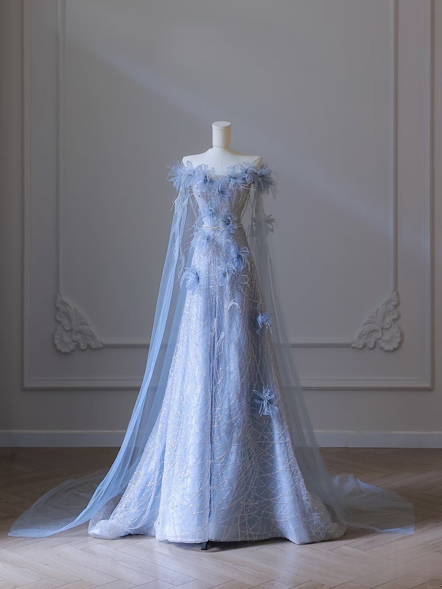 Pretty A Line Off The Shoulder Floor-length Blue Sequin Short Sleeves Evening Dress Prom Dresses