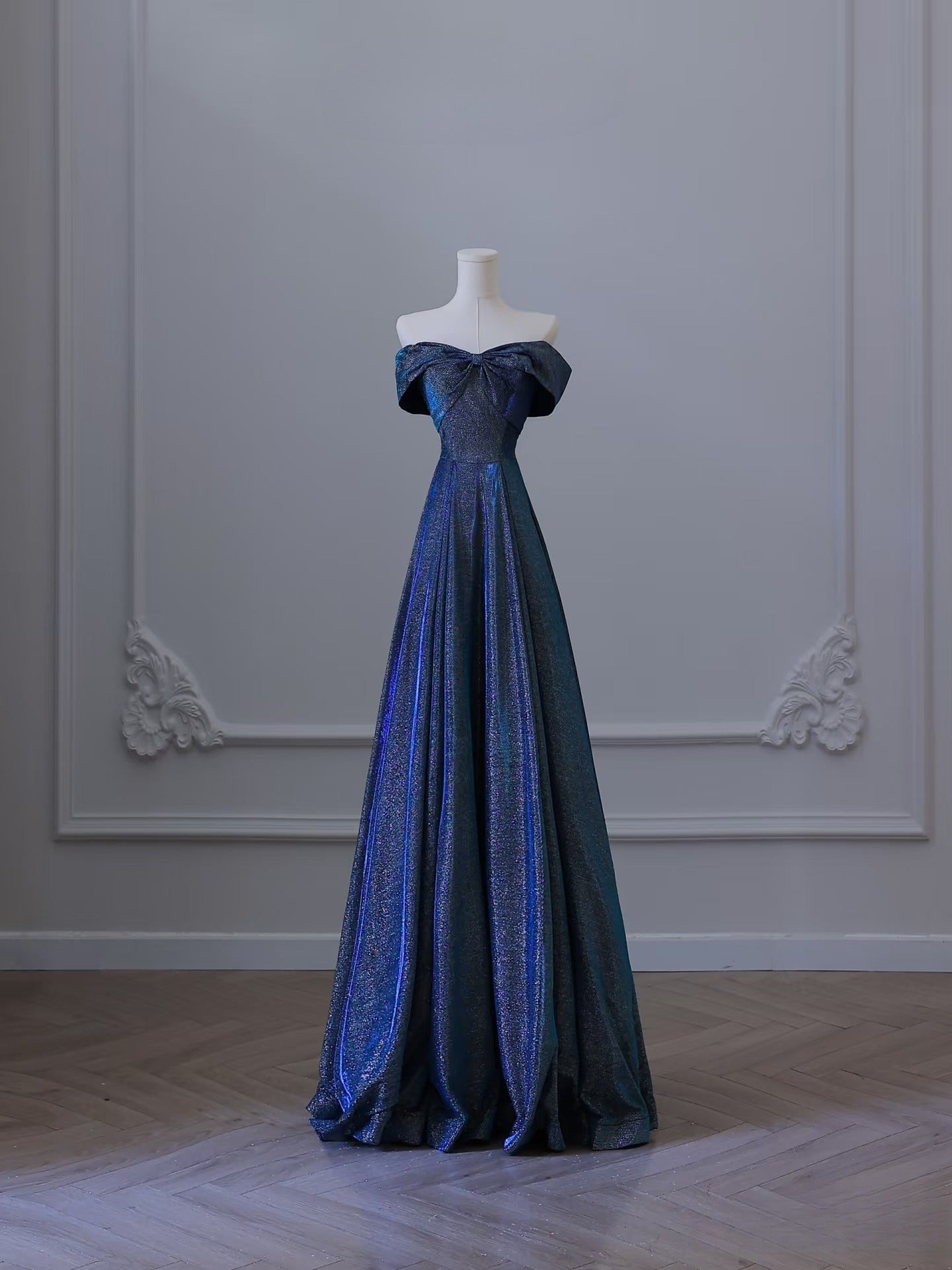 Pretty A Line Off The Shoulder Blue Sequin Long Prom Dresses Evening Gowns