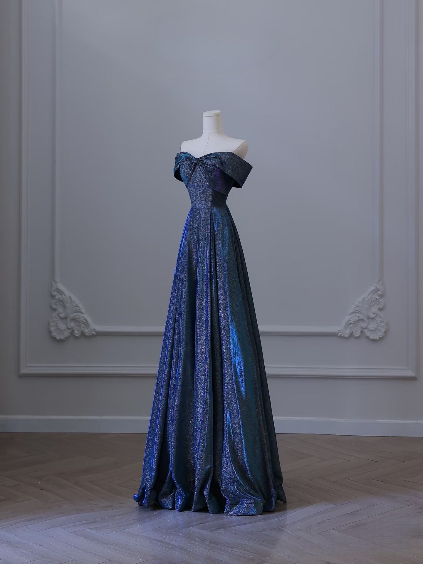 Pretty A Line Off The Shoulder Blue Sequin Long Prom Dresses Evening Gowns