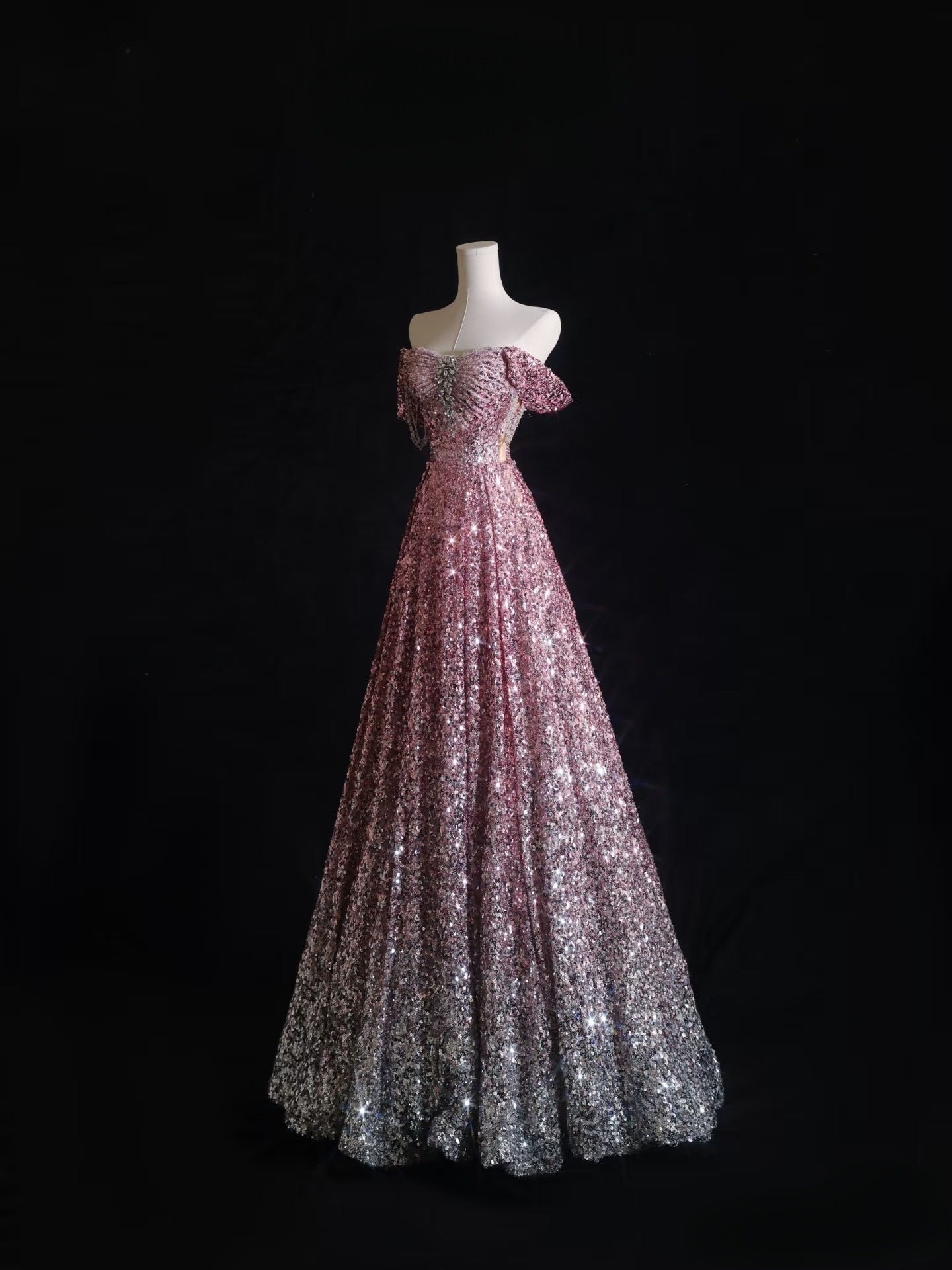 Pretty A Line Off The Shoulder Pink Sequin Long Prom Dresses Evening Gowns