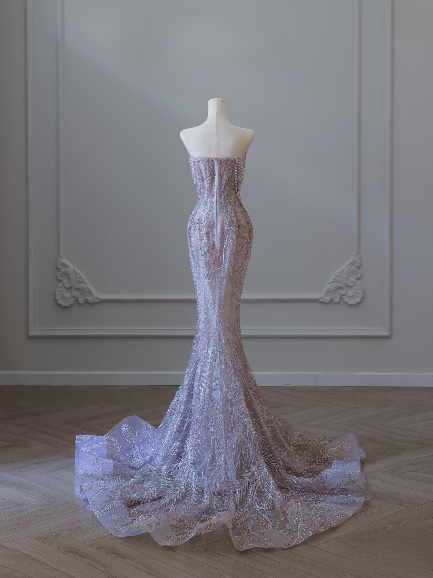 Pretty Mermaid Strapless Lilac Sequin Beads Long Prom Dresses Formal Evening Dress