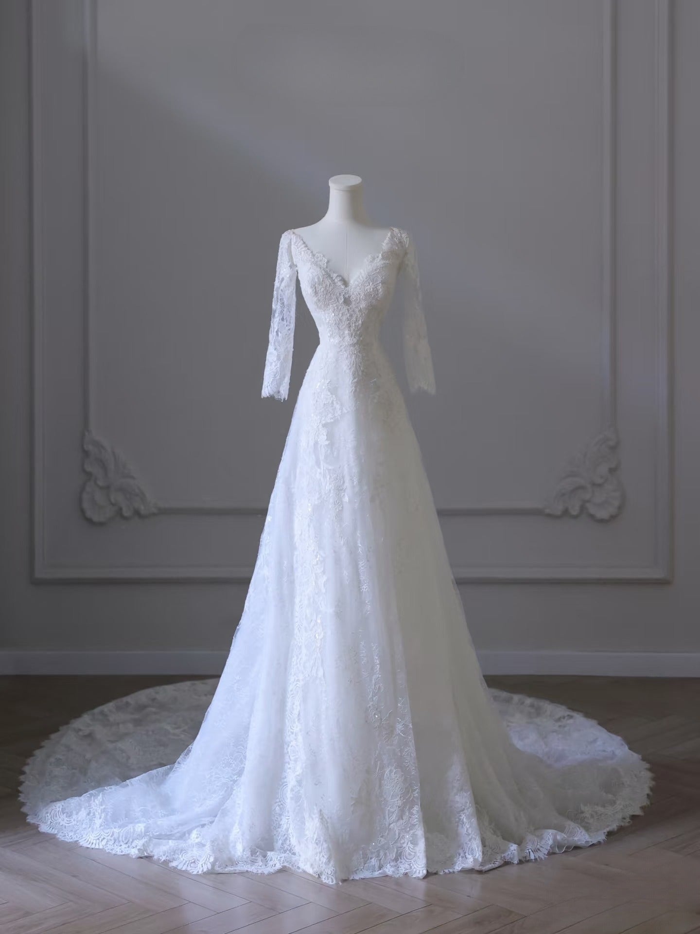 Timeless A line V Neckline White Lace Long Sleeves Wedding Dresses Bridal Dress