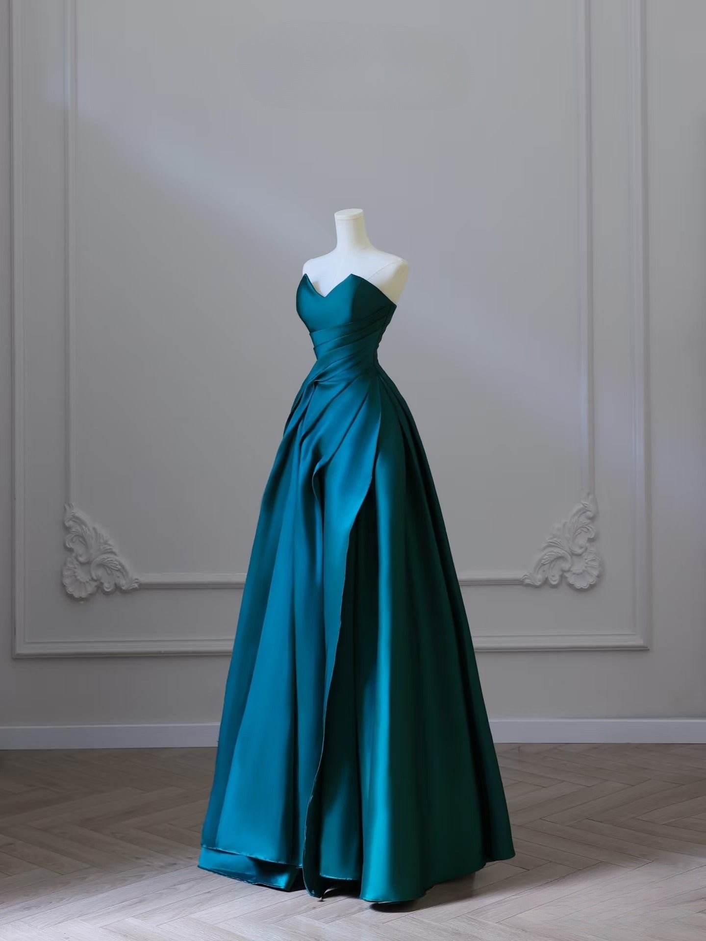 Pretty A Line Strapless Satin Ruffles Long Prom Dresses Formal Evening Dress