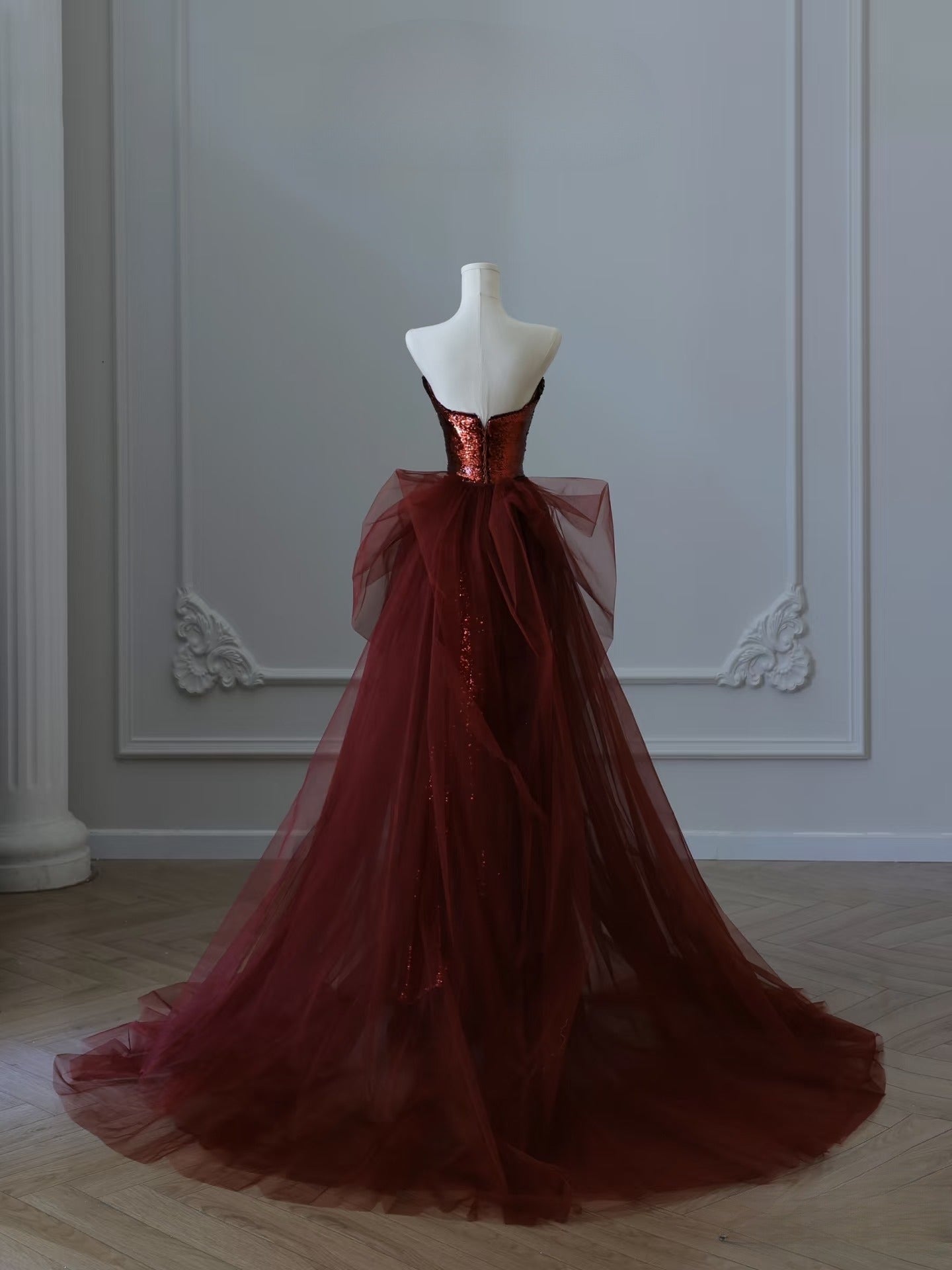 Pretty Mermaid Strapless Sequin Long Burgundy Ruffles Long Prom Dresses Formal Evening Dress