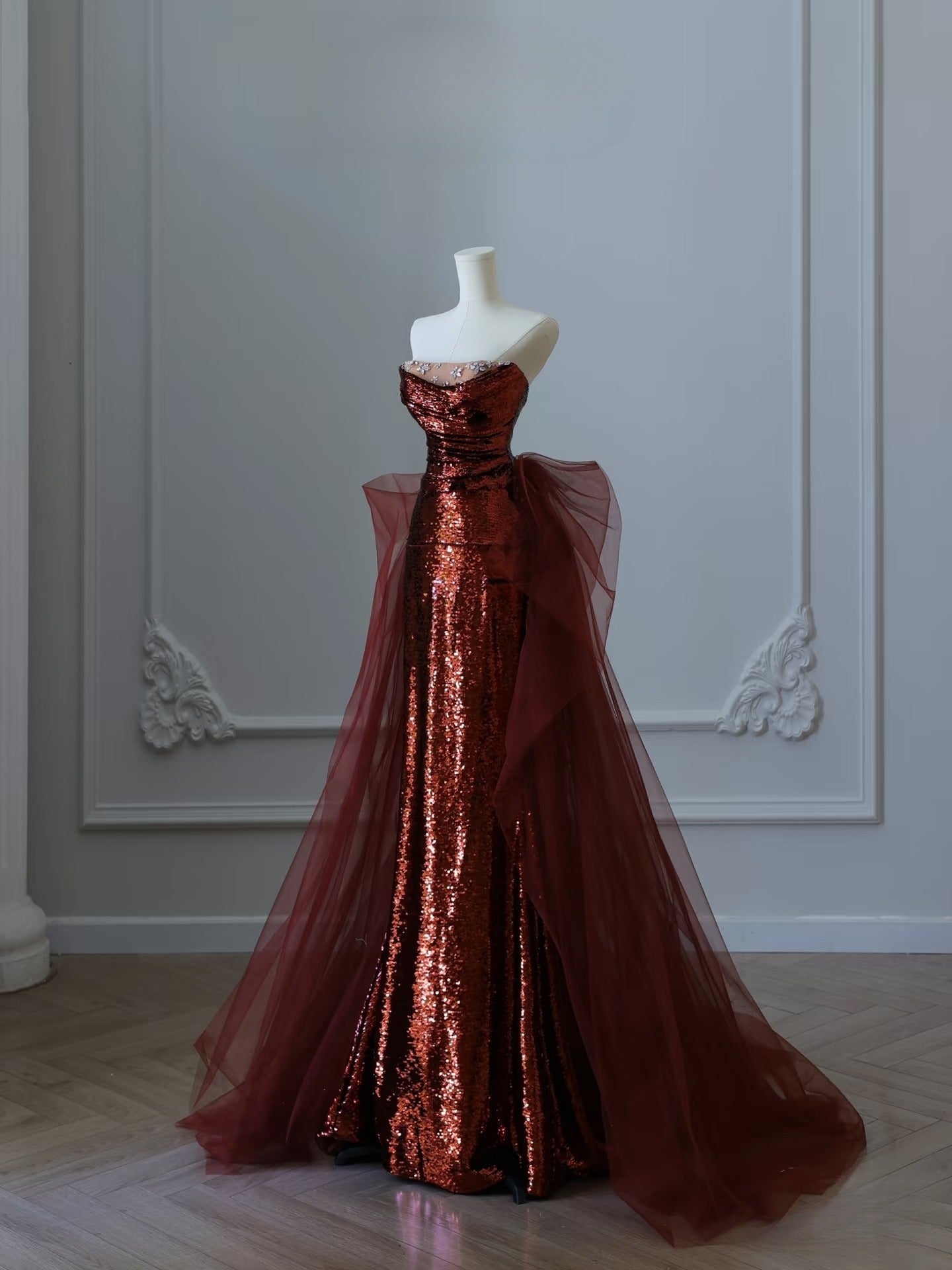 Pretty Mermaid Strapless Sequin Long Burgundy Ruffles Long Prom Dresses Formal Evening Dress