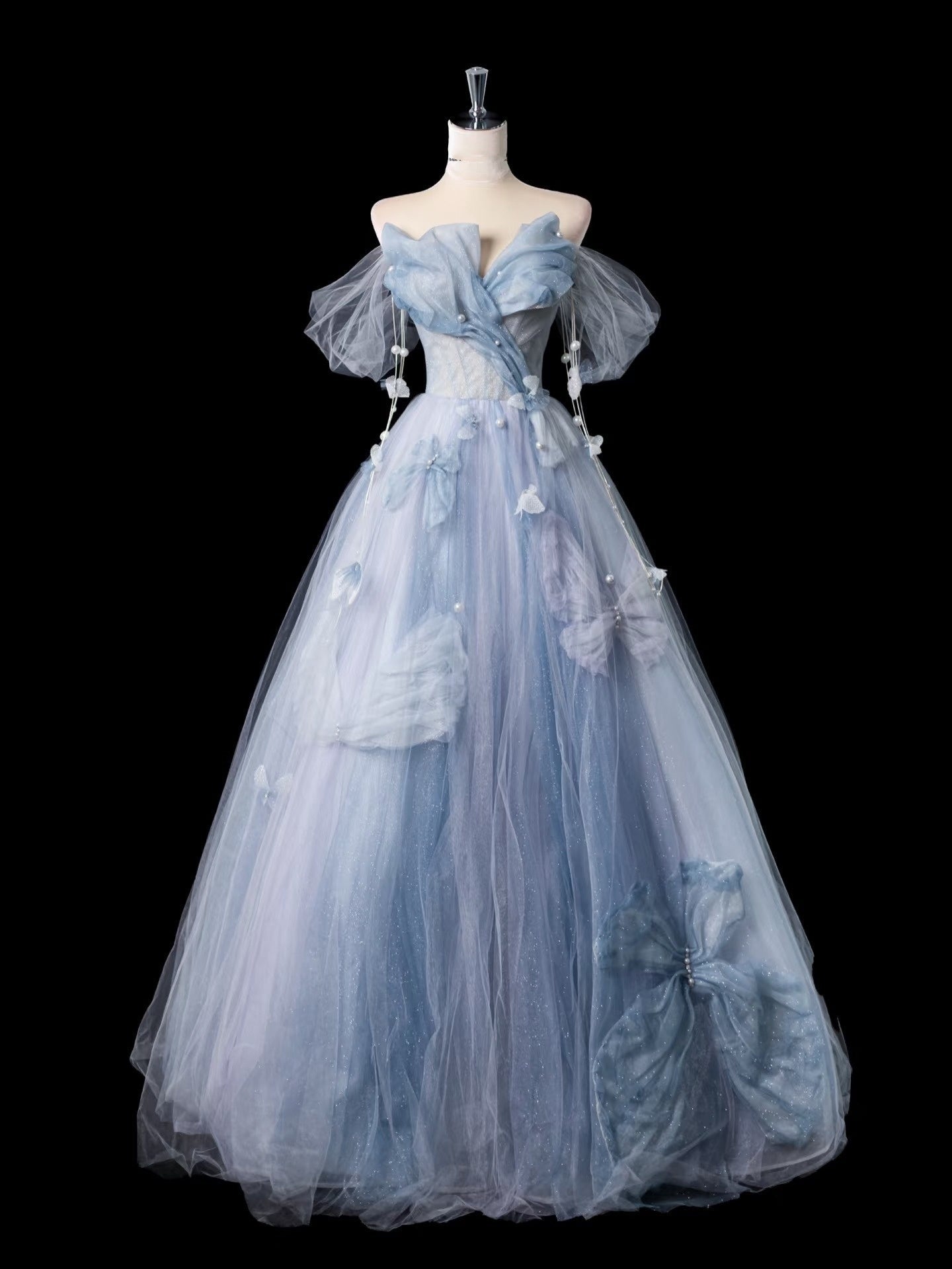 Pretty A Line Off The Shoulder Blue Tulle Long Prom Dresses Formal Evening Dress