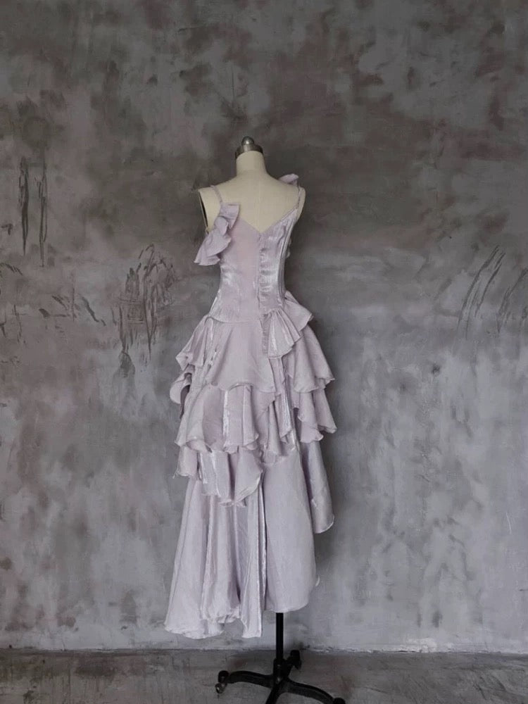 Pretty Irregular Ruffled Suspender Prom Dresses With Detachable Rose Long Birthday Dress For Women