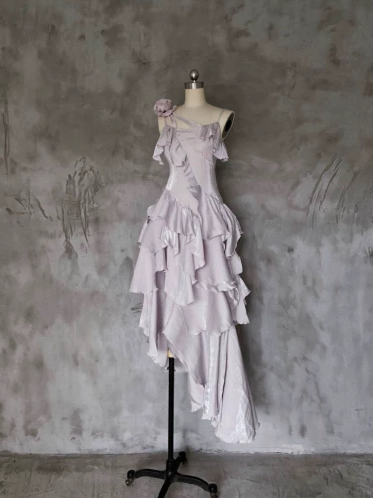 Pretty Irregular Ruffled Suspender Prom Dresses With Detachable Rose Long Birthday Dress For Women