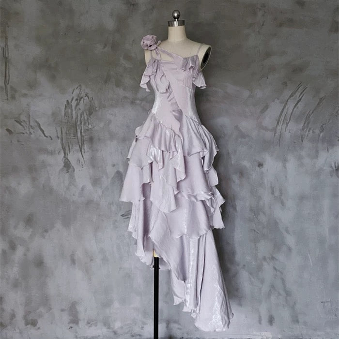Pretty Irregular Ruffled Suspender Prom Dresses With Detachable Rose Long Birthday Dress For Women