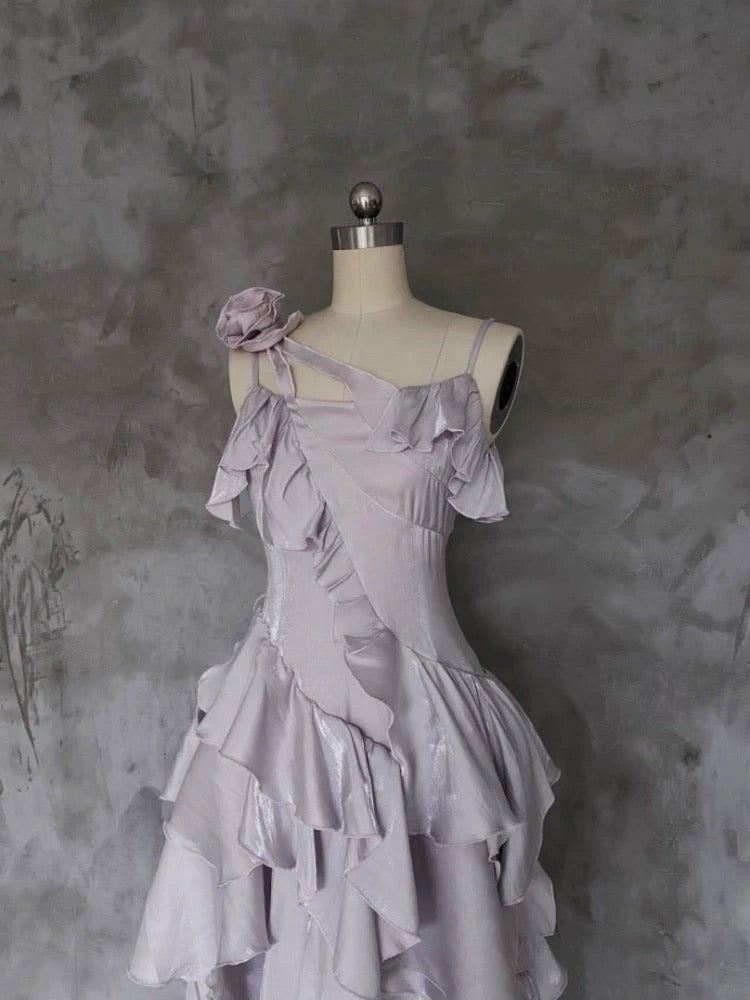 Pretty Irregular Ruffled Suspender Prom Dresses With Detachable Rose Long Birthday Dress For Women