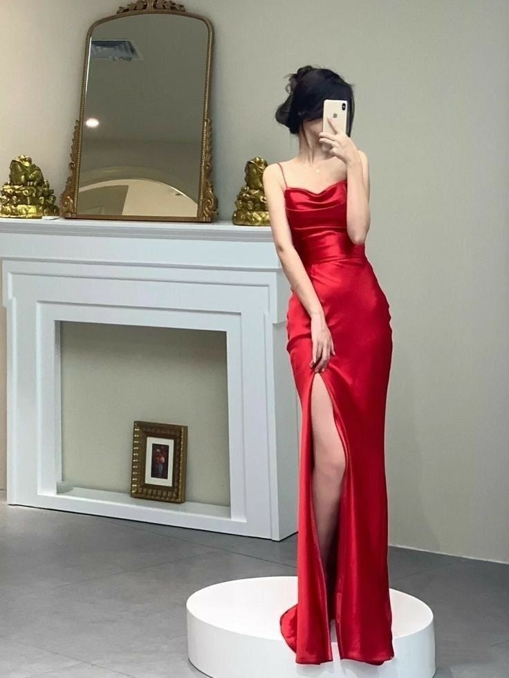 Sexy Sheath Spaghetti Straps Maxi Long Party Red Prom Dresses Evening Dress