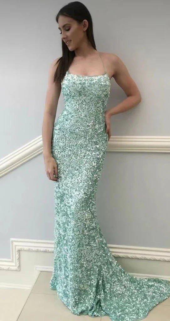 Sexy Mermaid Spaghetti Straps Maxi Long Party Blue Sequin Prom Dresses Evening Dress