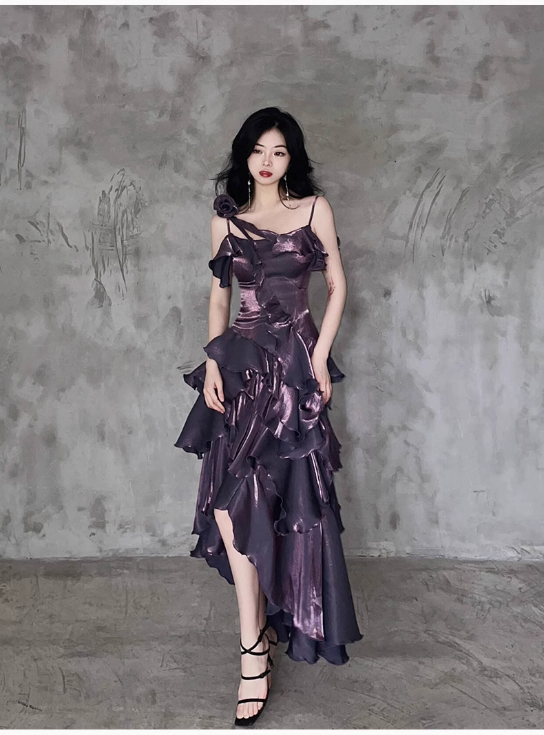 Pretty Irregular Ruffled Spaghetti Straps Grape Prom Dresses With Detachable Rose Long Birthday Dress For Women