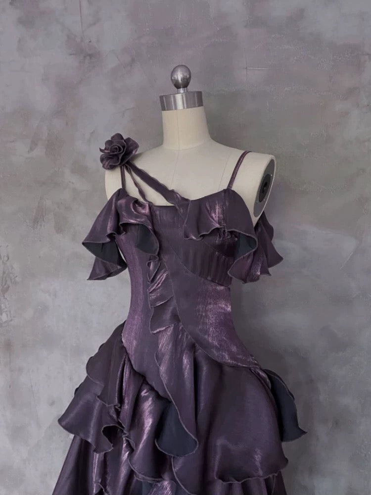Pretty Irregular Ruffled Spaghetti Straps Grape Prom Dresses With Detachable Rose Long Birthday Dress For Women