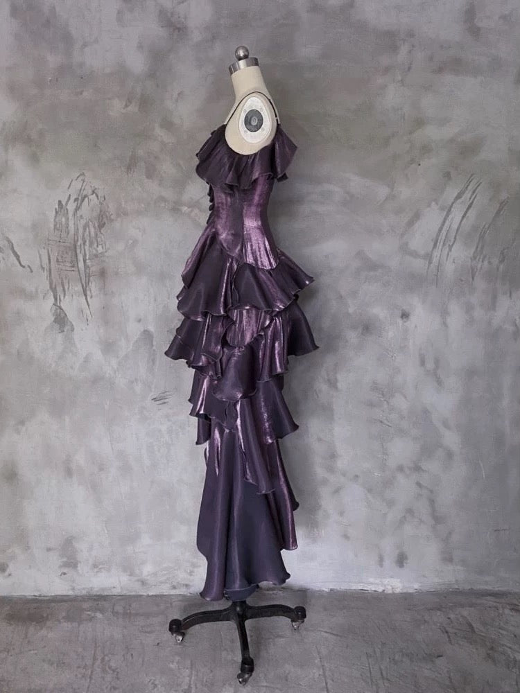 Pretty Irregular Ruffled Spaghetti Straps Grape Prom Dresses With Detachable Rose Long Birthday Dress For Women