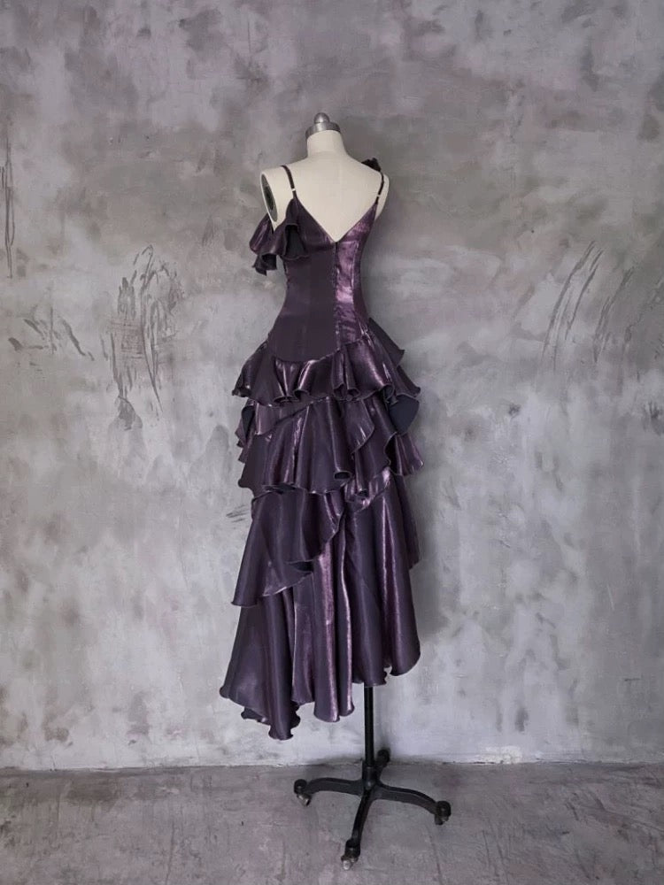 Pretty Irregular Ruffled Spaghetti Straps Grape Prom Dresses With Detachable Rose Long Birthday Dress For Women