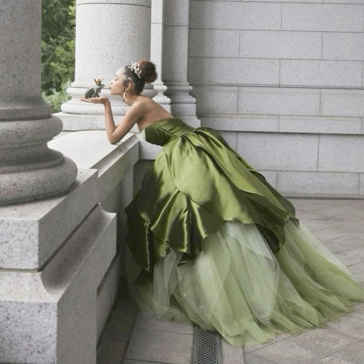 Pretty Ball Gown Strapless Olive Green Long Satin Prom Dresses Formal Evening Dress