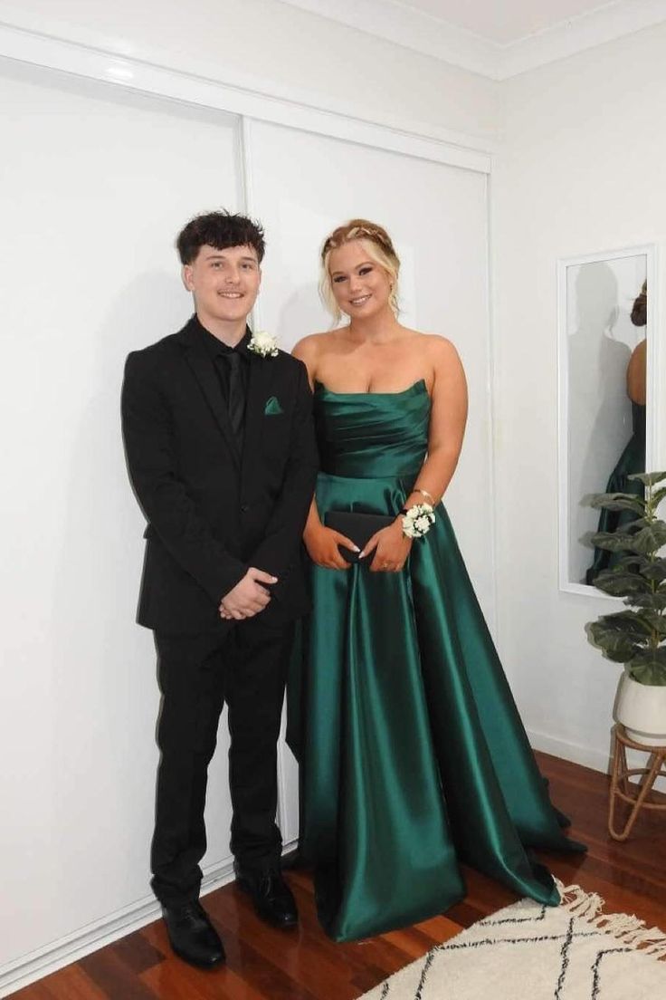 Pretty A Line Strapless Green Long Satin Prom Dresses Formal Evening Dress