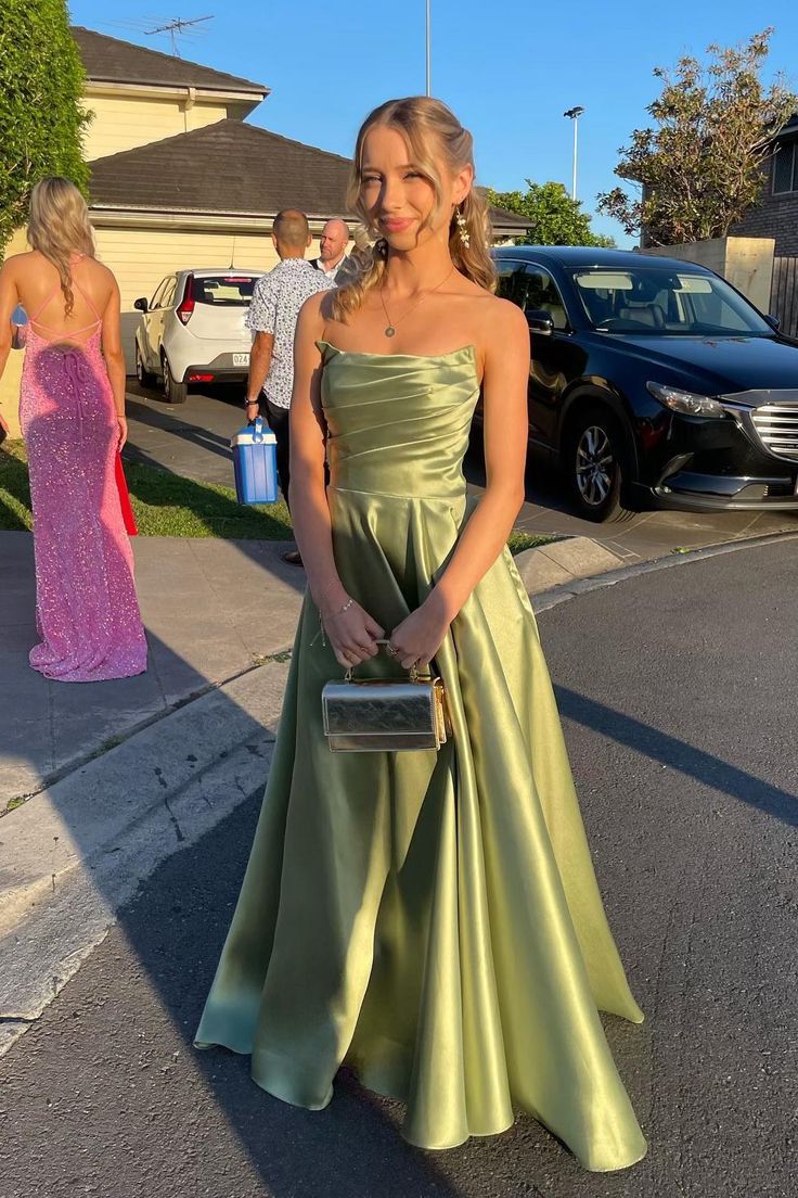 Pretty A Line Strapless Green Long Satin Prom Dresses Formal Evening Dress