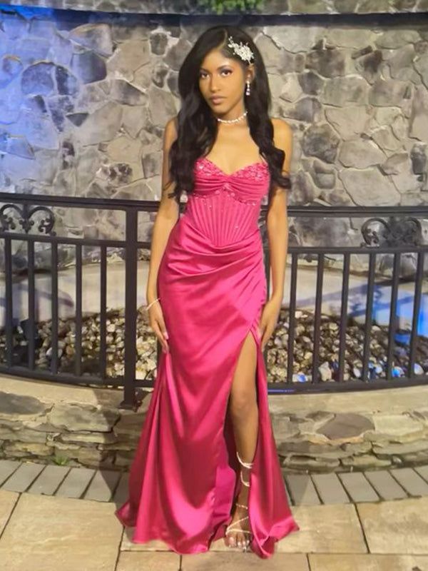 Pretty Mermaid Spaghetti Straps Hot Pink Long Satin Prom Dresses Formal Evening Dress