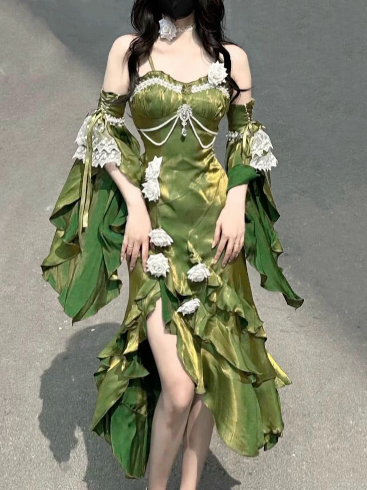 Retro Mermaid Spaghetti Straps High Low Long Party Dress Green Prom Dresses