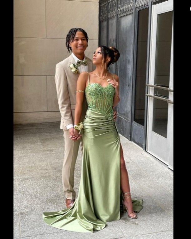 Pretty Mermaid Spaghetti Straps Sage Green Long Satin Prom Dresses Formal Evening Dress
