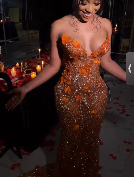 Gorgeous Mermaid Strapless Floor Length Orange Lace Sequin Evening Dress Prom Dresses