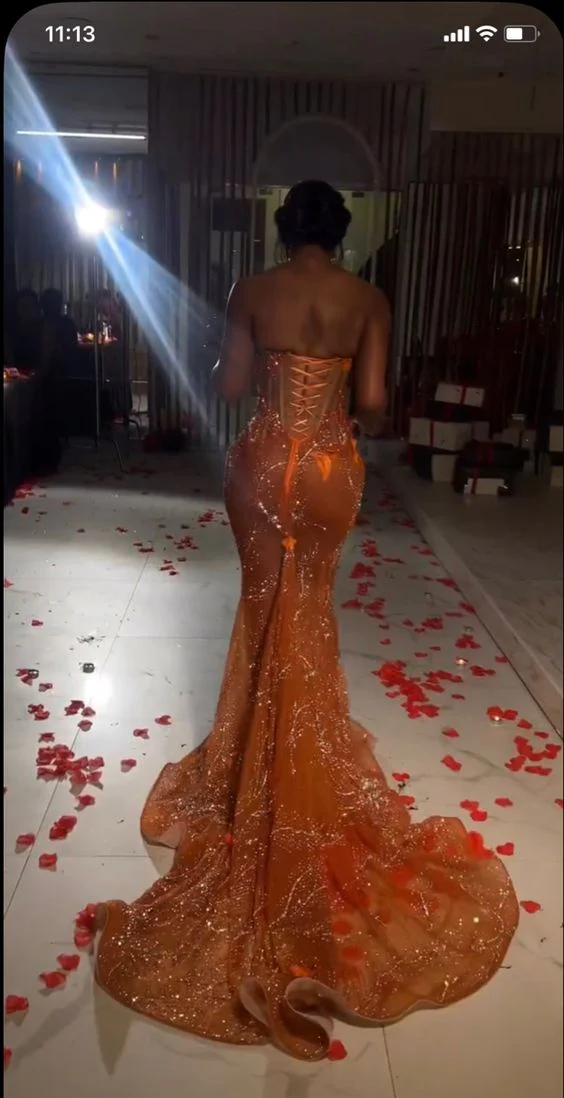 Gorgeous Mermaid Strapless Floor Length Orange Lace Sequin Evening Dress Prom Dresses
