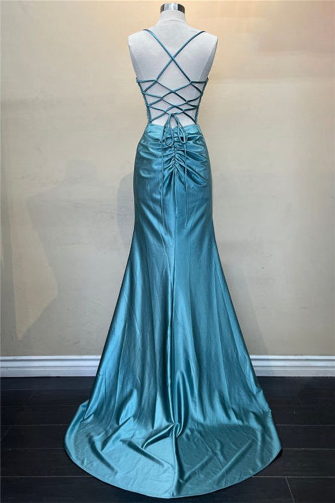 Pretty Mermaid Spaghetti Straps Red Long Satin Prom Dresses Formal Evening Dress