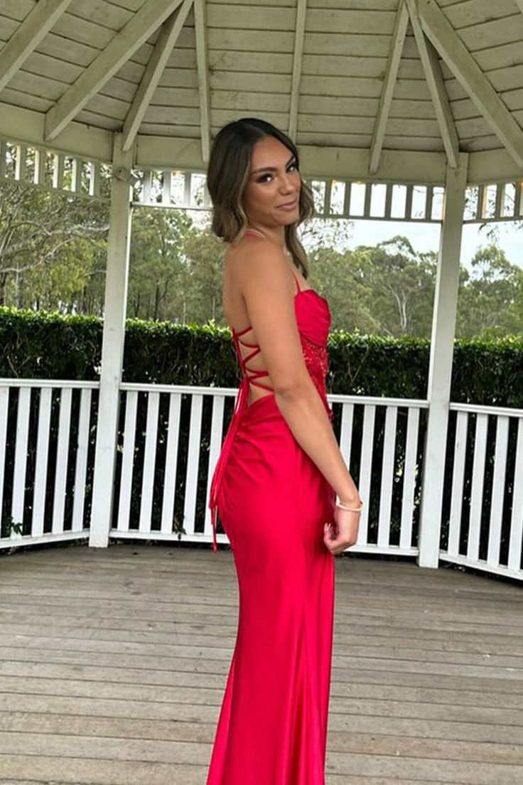 Pretty Mermaid Spaghetti Straps Red Long Satin Prom Dresses Formal Evening Dress