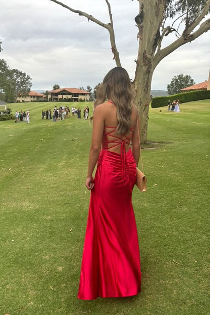 Pretty Mermaid Spaghetti Straps Red Long Satin Prom Dresses Formal Evening Dress