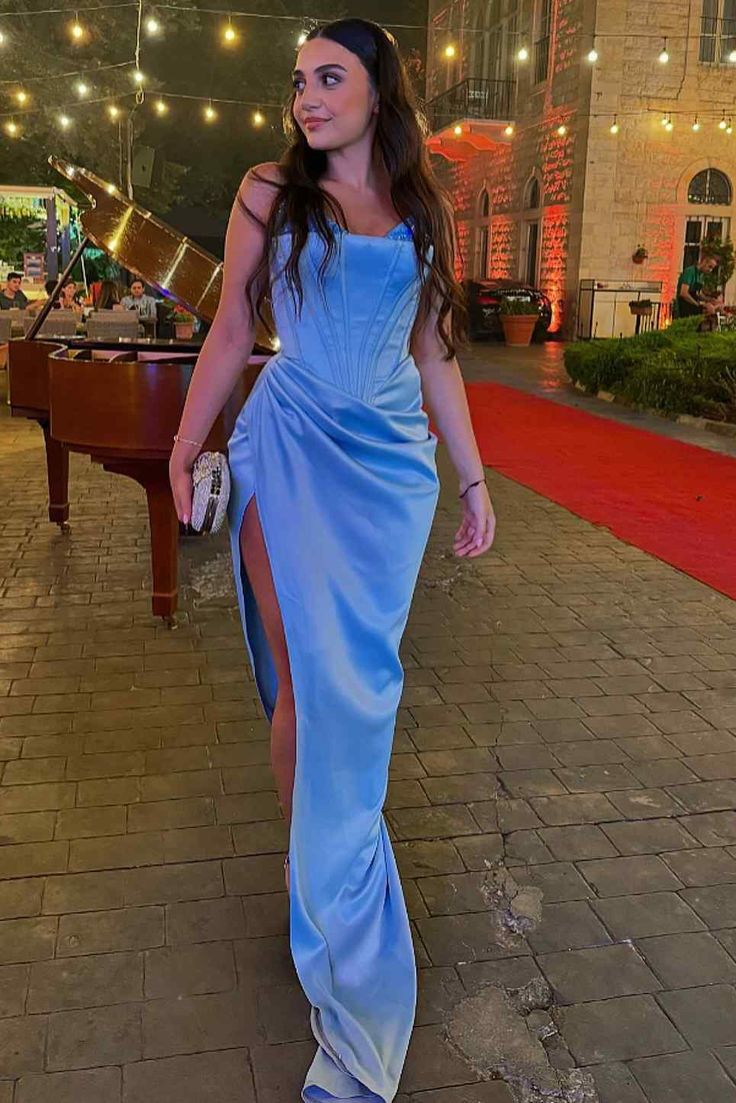 Simple Mermaid Spaghetti Straps Neckline Long Party Dress Satin Blue Slit Prom Dresses