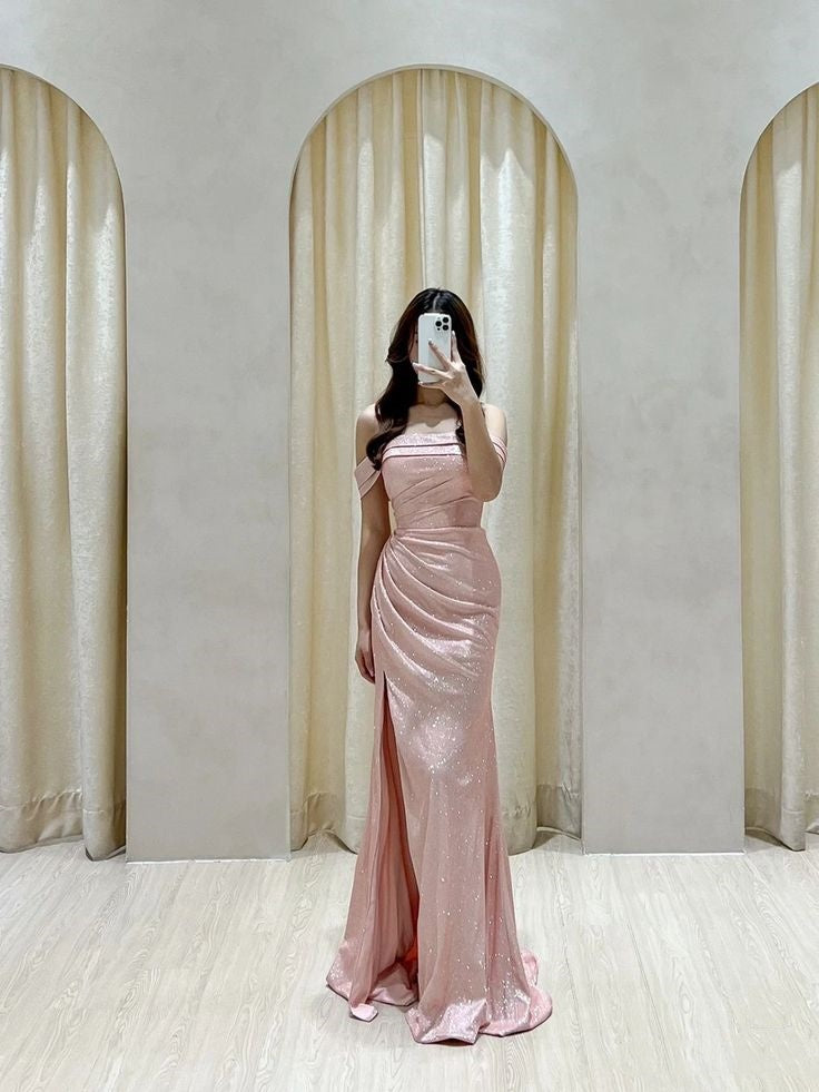 Gorgeous Mermaid Off The Shoulder Sequin Floor Length Pink Slit Evening Dress Prom Dresses
