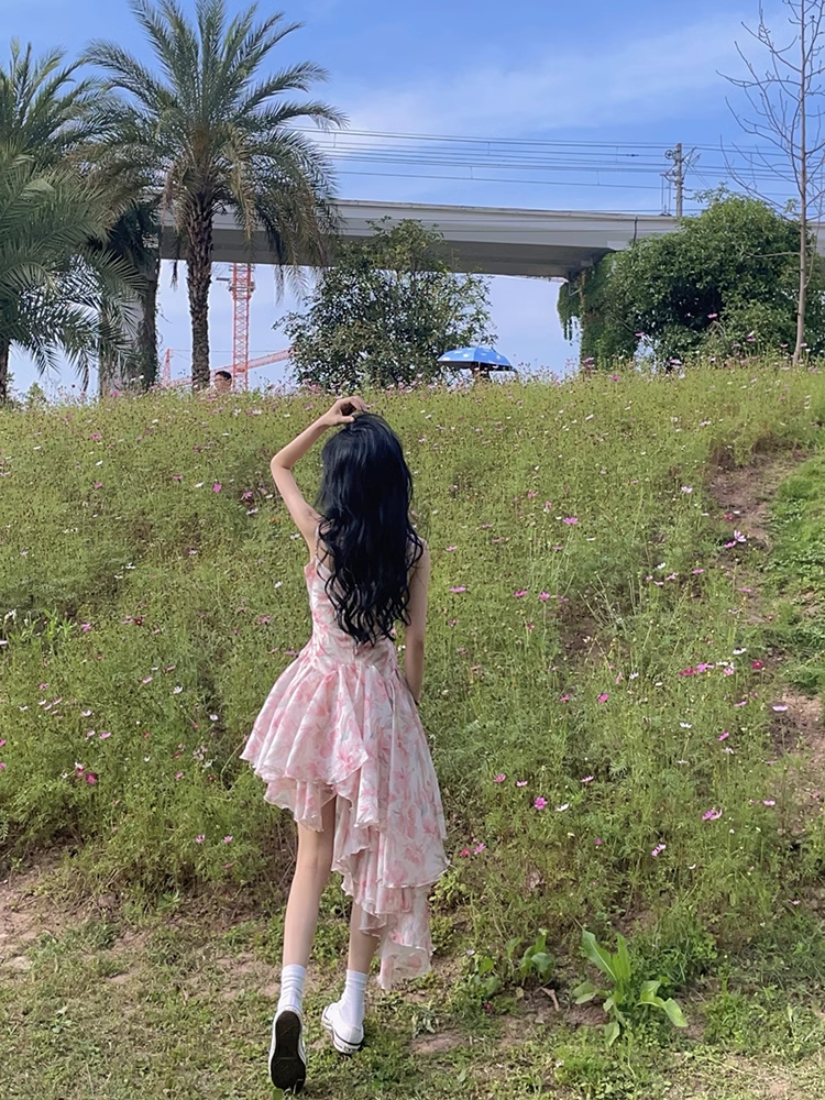 Pretty High Low Spaghetti Straps Pink Organza Prom Dresses Long Birthday Dress For Women