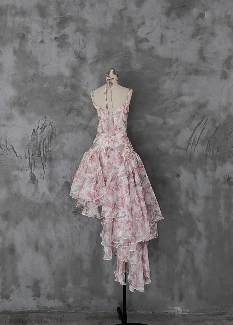 Pretty High Low Spaghetti Straps Pink Organza Prom Dresses Long Birthday Dress For Women