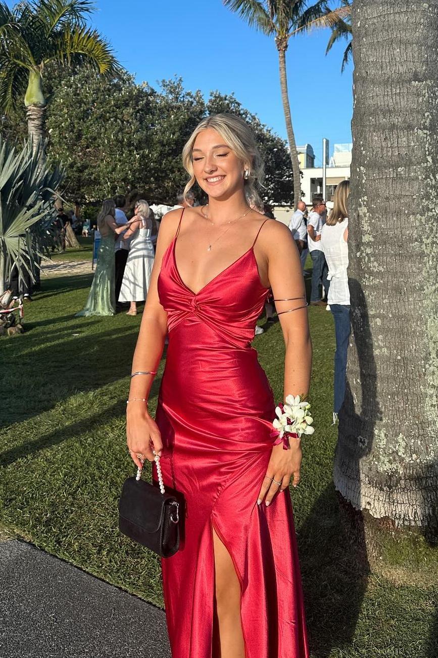 Simple Mermaid Spaghetti Straps Neckline Long Party Dress Satin Red Prom Dresses