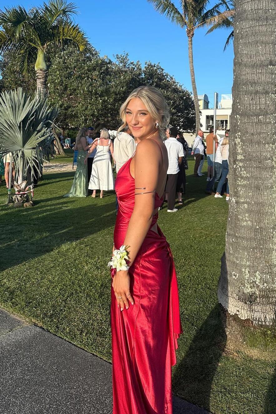 Simple Mermaid Spaghetti Straps Neckline Long Party Dress Satin Red Prom Dresses