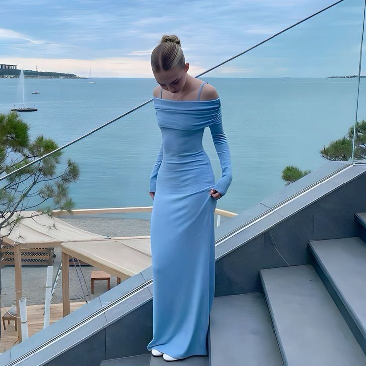 Simple Mermaid Spaghetti Straps Off The Shoulder Neckline Light Blue Long Party Dress Prom Dresses