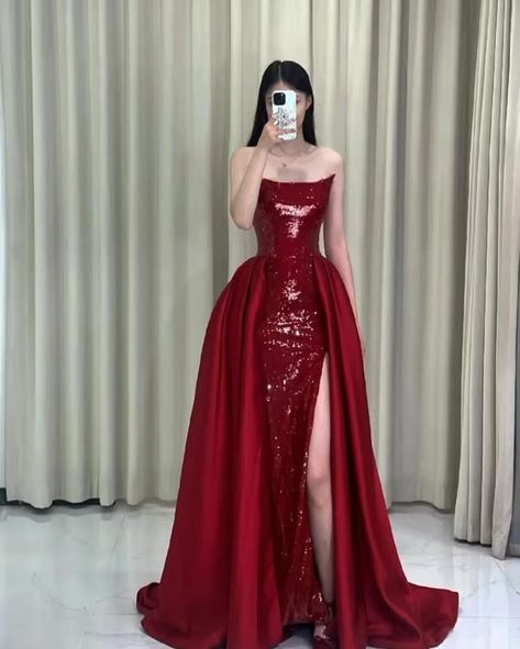 Vintage Mermaid Strapless Neckline Burgundy Sequin Long Party Dress Prom Dresses