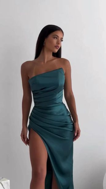Vintage Sheath Strapless Neckline Slit Satin Long Party Dress Prom Dresses