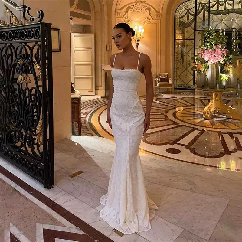 Modest Mermaid Spaghetti Straps Long White Prom Dresses Formal Graduation Party Dress Evening Dress