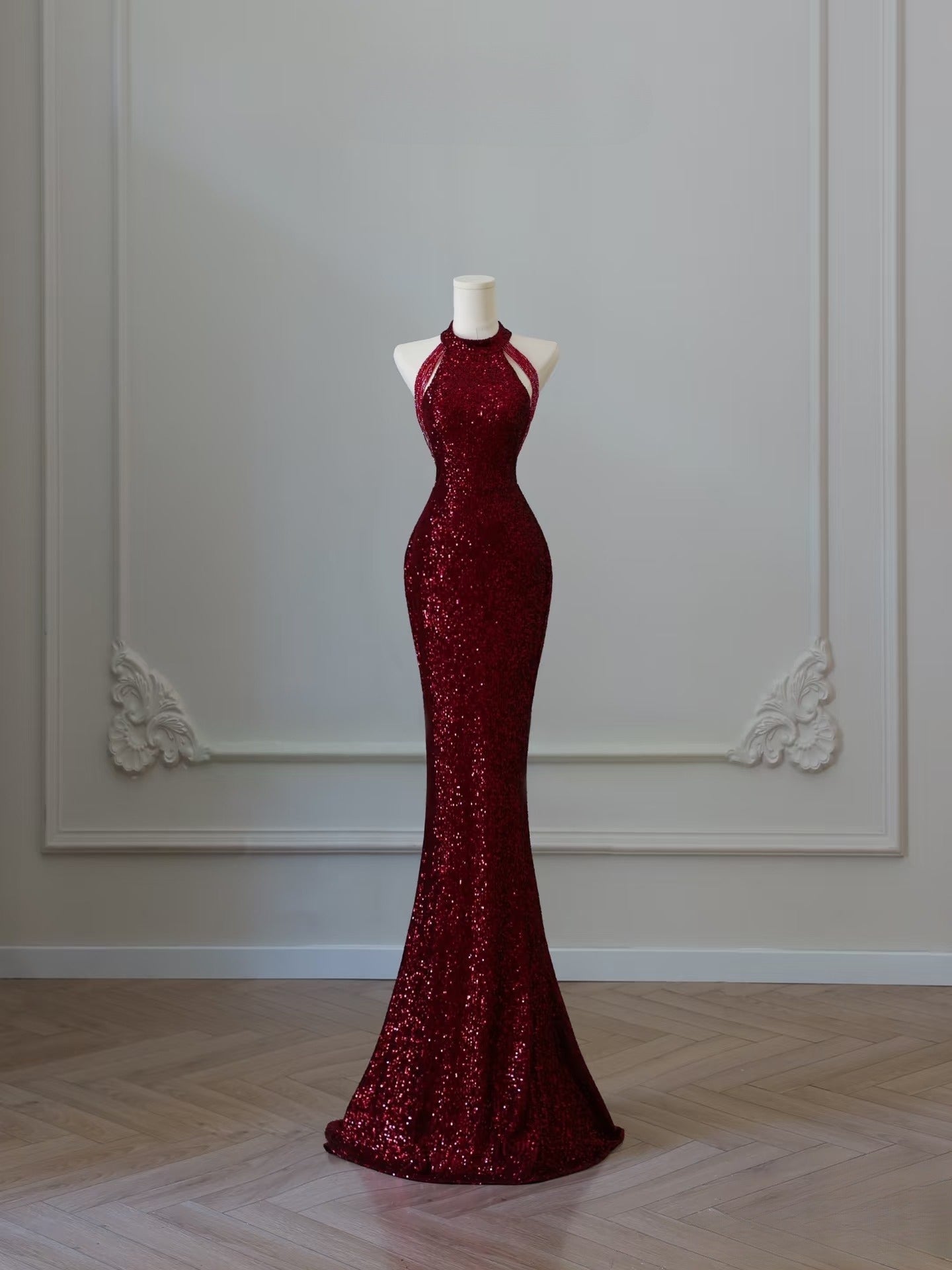Simple Mermaid Scoop Neckline Burgundy Sequin Long Party Dress Prom Dresses