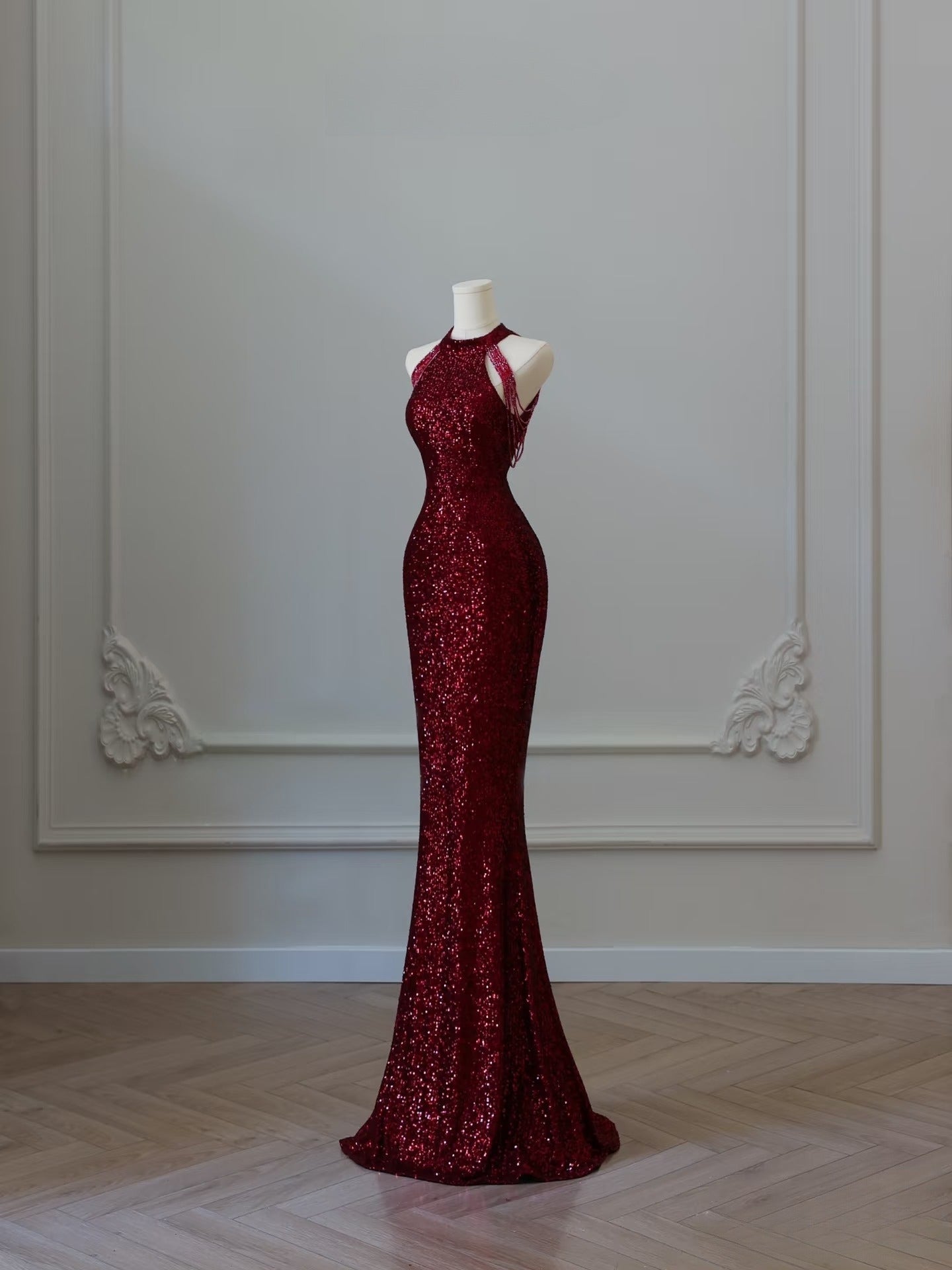 Simple Mermaid Scoop Neckline Burgundy Sequin Long Party Dress Prom Dresses