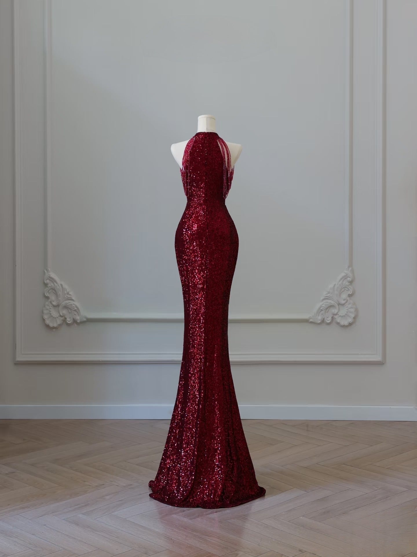 Simple Mermaid Scoop Neckline Burgundy Sequin Long Party Dress Prom Dresses