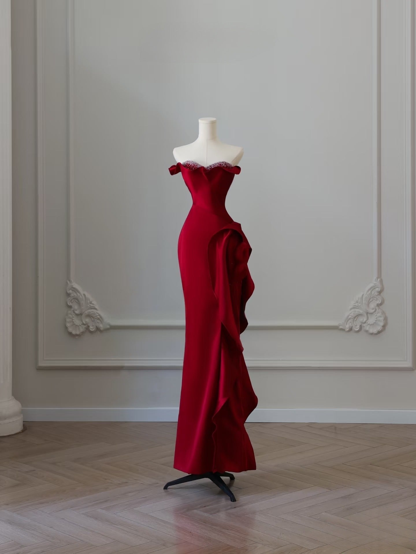 Simple Mermaid Off The Shoulder Neckline Burgundy Sequin Long Party Dress Prom Dresses