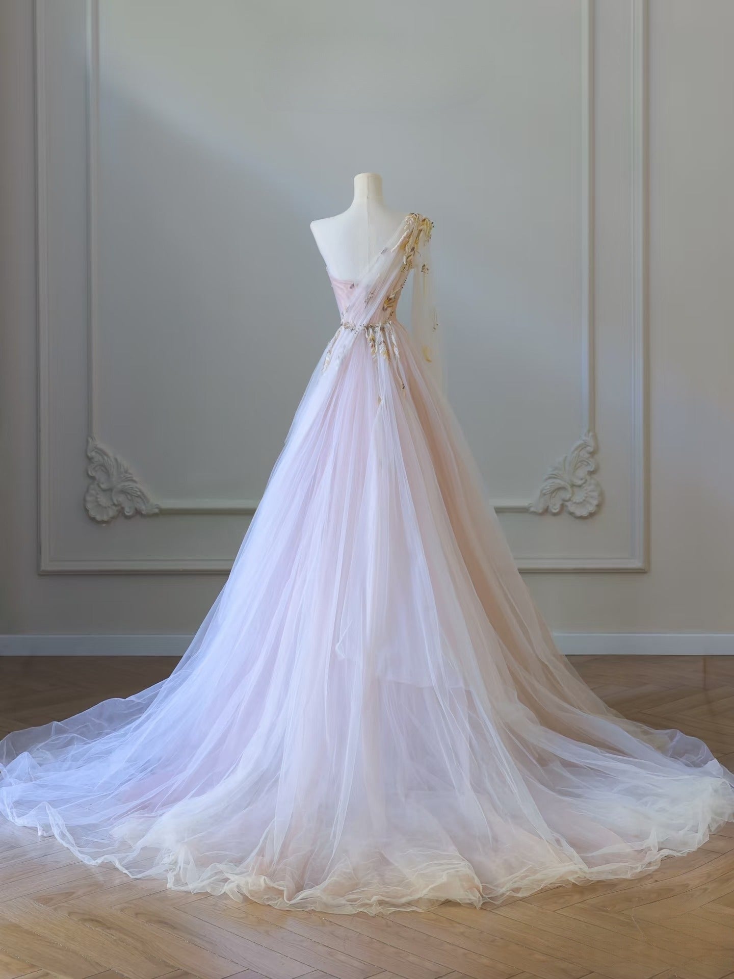 Classy A line One Shoulder Tulle Lace Long Evening Dress Prom Dresses