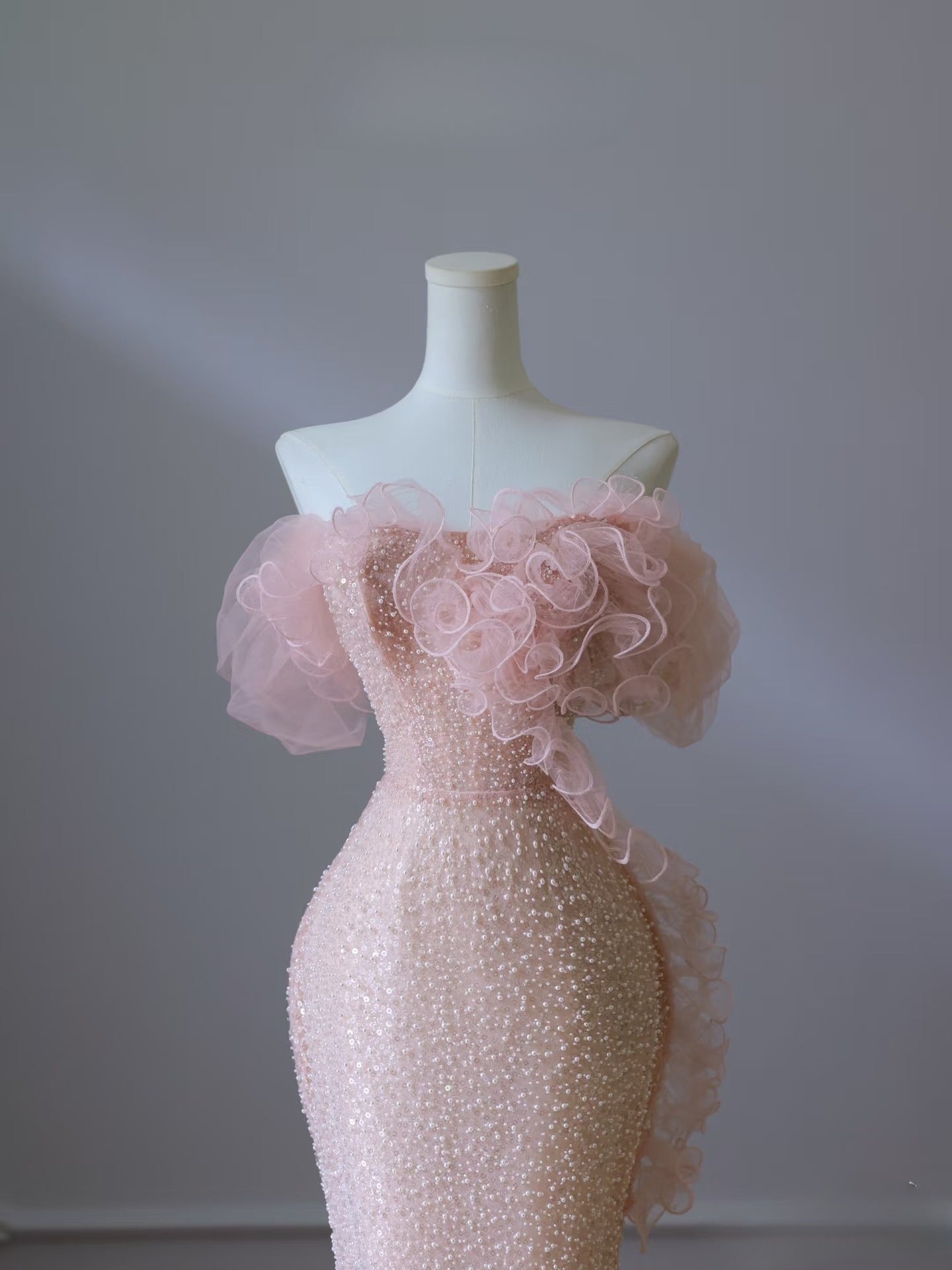 Classy Mermaid Strapless Pink Sequin Long Evening Dress Prom Dresses