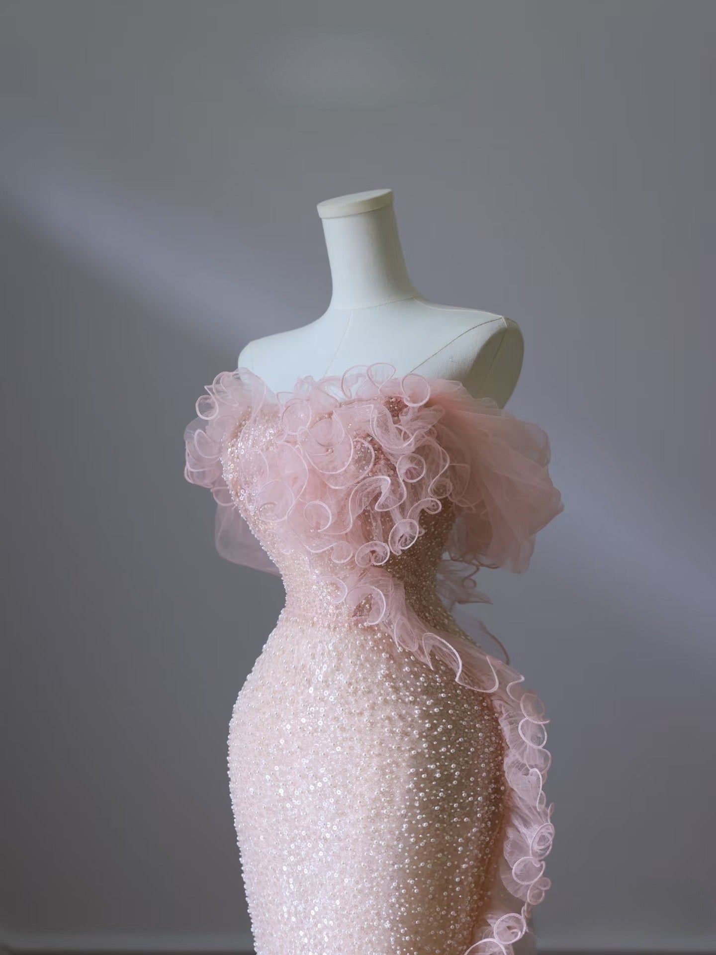 Classy Mermaid Strapless Pink Sequin Long Evening Dress Prom Dresses