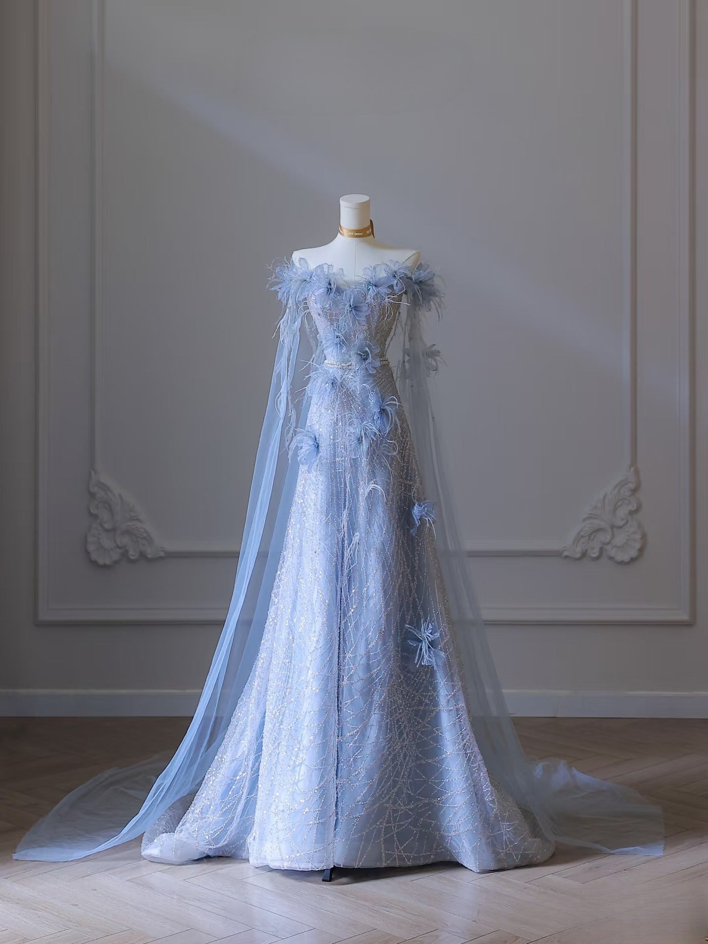 Classy Balll Gown Sweetheart Floral Blue Tulle Long Evening Dress Prom Dresses